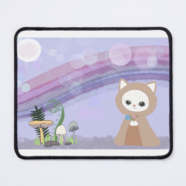 Item preview, White cat in a fluffy robe holding a flower next to mushrooms. designed and sold by Spiral Elixir.