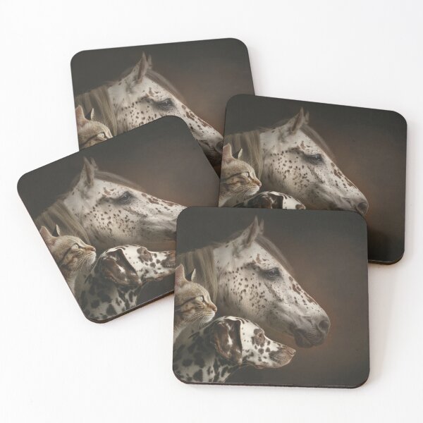 Item preview, Profile portraits of three spotted animals arranged in layers: appaloosa horse, dalmatian dog and white bengal cat.  designed and sold by Julia Shepeleva.