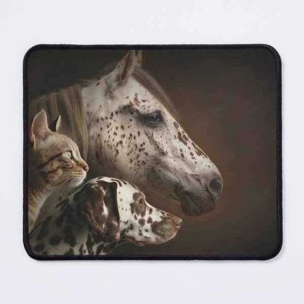 Item preview, Profile portraits of three spotted animals arranged in layers: appaloosa horse, dalmatian dog and white bengal cat. designed and sold by Julia Shepeleva.