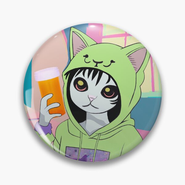 Item preview, Cat person holding an empty pill bottle in a psychedelic room. designed and sold by Spiral Elixir.