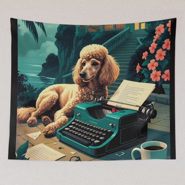 Artikelvorschau, Pudelhund mit glänzendem Fell und einer Gentleman-Vintage-Schreibmaschine entworfen und verkauft von mcinnesstore.