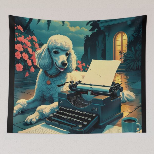 Artikelvorschau, Pudelhund mit glänzendem Fell und einer Gentleman-Vintage-Schreibmaschine entworfen und verkauft von mcinnesstore.