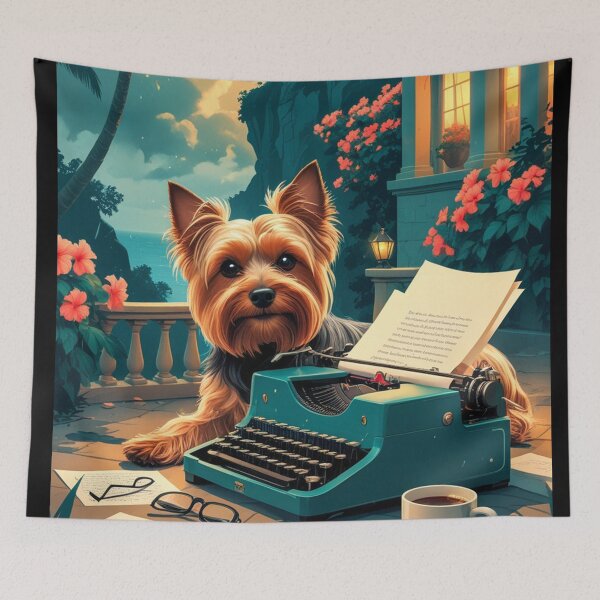 Item preview, Yorkshire Terrier Dog with glossy fur and a gentleman vintage typewriter designed and sold by mcinnesstore.