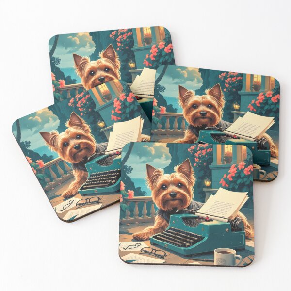 Item preview, Yorkshire Terrier Dog with glossy fur and a gentleman vintage typewriter designed and sold by mcinnesstore.