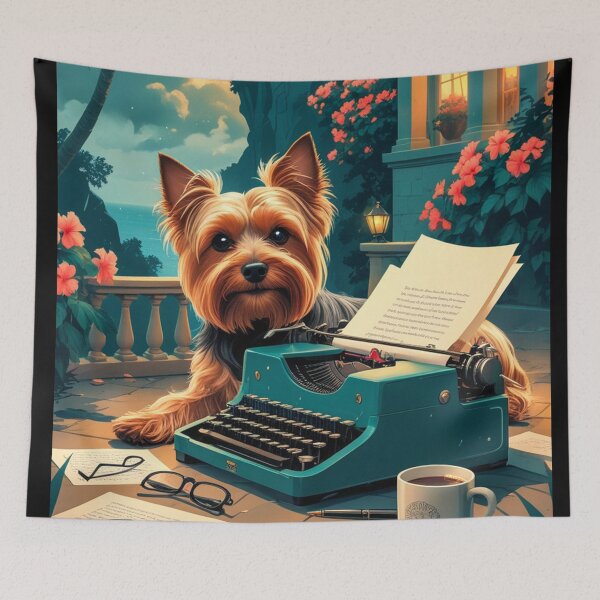 Item preview, Yorkshire Terrier Dog with glossy fur and a gentleman vintage typewriter designed and sold by mcinnesstore.