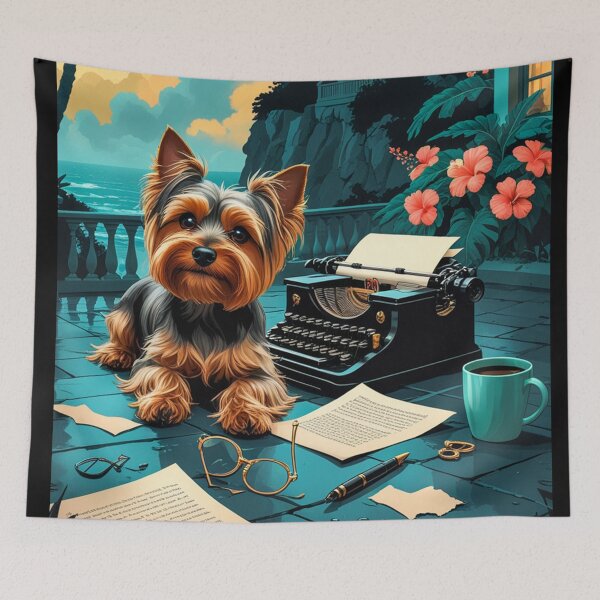 Item preview, Yorkshire Terrier Dog with glossy fur and a gentleman vintage typewriter designed and sold by mcinnesstore.