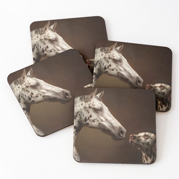 Item preview, Portrait of appaloosa leopard horse with dalmatian dog on dark brown background designed and sold by Julia Shepeleva.