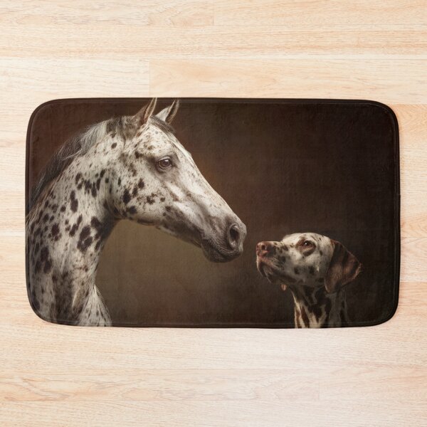Item preview, Portrait of appaloosa leopard horse with dalmatian dog on dark brown background designed and sold by Julia Shepeleva.