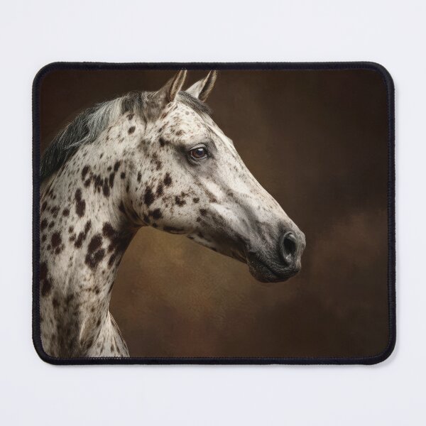 Artikelvorschau, Konzeptionelles Porträt eines Appaloosa-Leopardenpferdes. Weiches natürliches Licht, scharfer Fokus, sauberer dunkelbrauner Hintergrund, künstlerische Komposition mit negativem Raum. entworfen und verkauft von Julia Shepeleva.