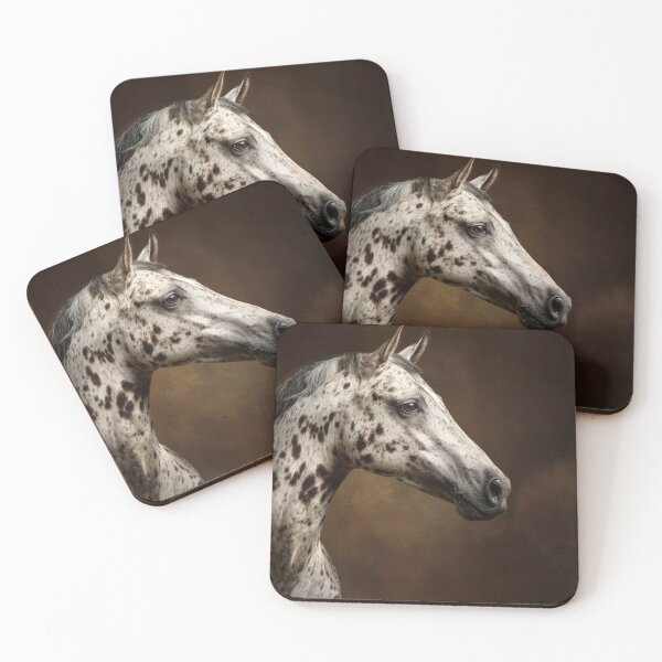 Item preview, Conceptual portrait of Appaloosa leopard horse. Soft natural lighting, sharp focus, clean dark brown background, artistic composition with negative space. designed and sold by Julia Shepeleva.