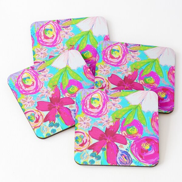Item preview, Fuchsia and pale pink flowers on a turquoise background designed and sold by berelartiste.