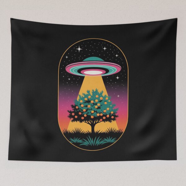 Item preview, UFO with a bright, pulsating light floats gracefully over an orange tree designed and sold by 123ks.
