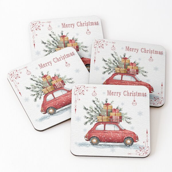 Item preview, Vintage Red Car with Christmas Gifts and Pine Tree — Merry Christmas designed and sold by HannaArtHeart.
