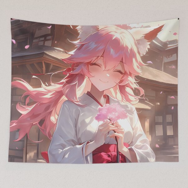 Item preview, Tamamo no Mae Caster Fox Girl Pink Hair Shrine Original Anime Cherry Blossom Smile designed and sold by earlobejerk.