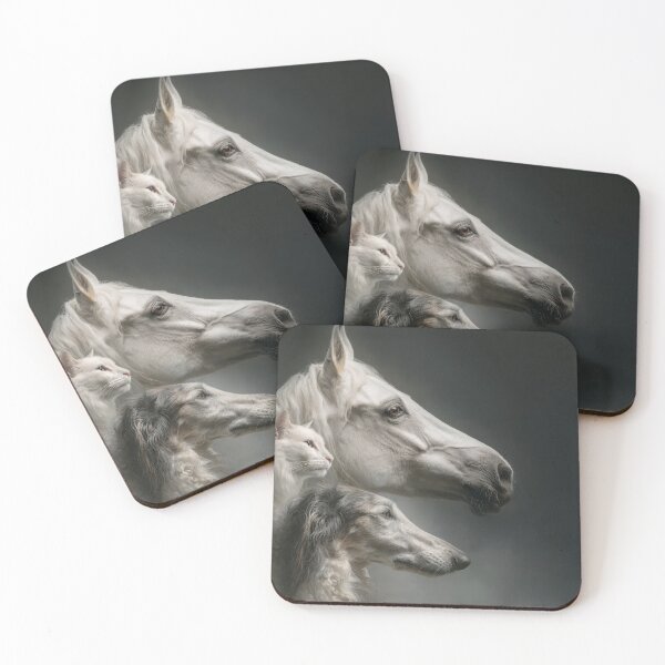 Item preview, Profile portraits of three white animals arranged in layers: orlov trotter horse, russian borzoi dog and silver neva-masquerade cat designed and sold by Julia Shepeleva.