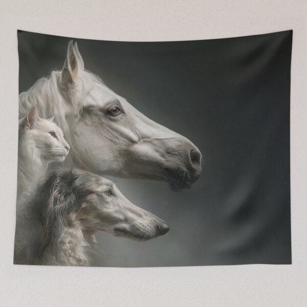 Item preview, Profile portraits of three white animals arranged in layers: orlov trotter horse, russian borzoi dog and silver neva-masquerade cat designed and sold by Julia Shepeleva.