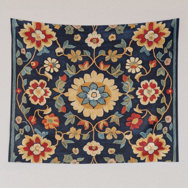 Item preview, Uzbekistan Neem Embroidery Floral Blue Carpet designed and sold by GrinGalore.