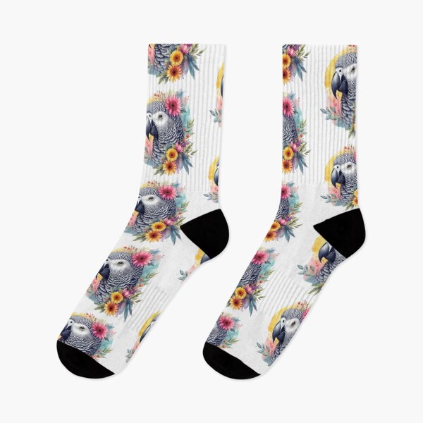 Item preview, A beautiful gray parrot with various leaves and colorful flowers around. designed and sold by Marcoshop10.