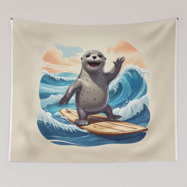 Item preview, Happy Surfing Seal Riding Ocean Waves designed and sold by AleksKos.