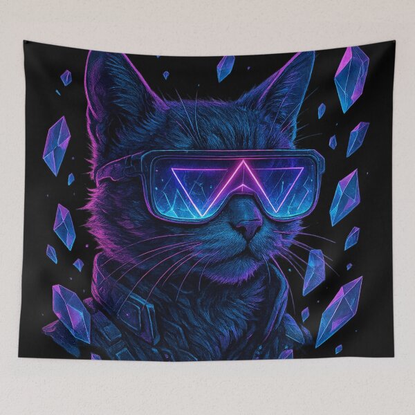 Item preview, Cyberpunk cat with neon elements and crystal fragments designed and sold by optimusprime39.