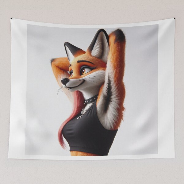 Item preview, Cute Anthropomorphic Fox Girl render red fox posing with her hands behind her head designed and sold by Vintage Designs +.