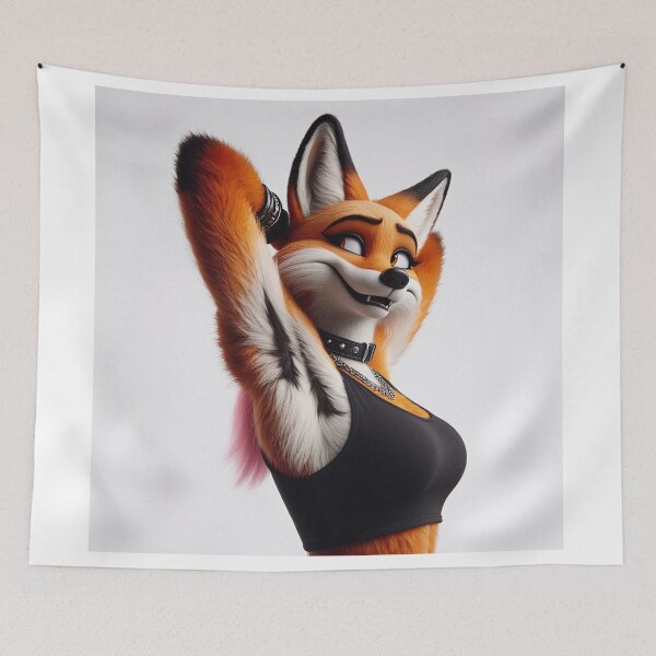 Item preview, Cute Anthropomorphic Fox Girl render red fox posing with her hands behind her head designed and sold by Vintage Designs +.