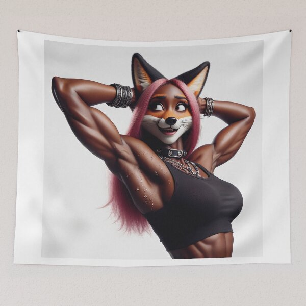 Item preview, Cute Anthropomorphic Fox Girl render black fox posing with her hands behind her head designed and sold by Vintage Designs +.