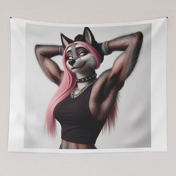 Item preview, Cute Anthropomorphic Wolf Girl render Grey Wolf posing with her hands behind her head designed and sold by Vintage Designs +.