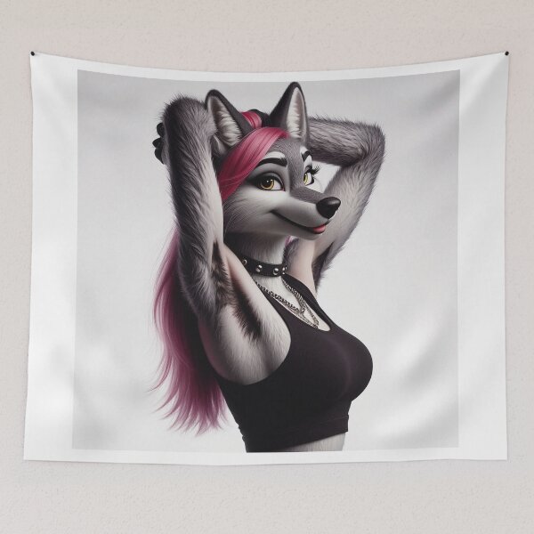 Item preview, Cute Anthropomorphic Wolf Girl render Grey Wolf posing with her hands behind her head designed and sold by Vintage Designs +.
