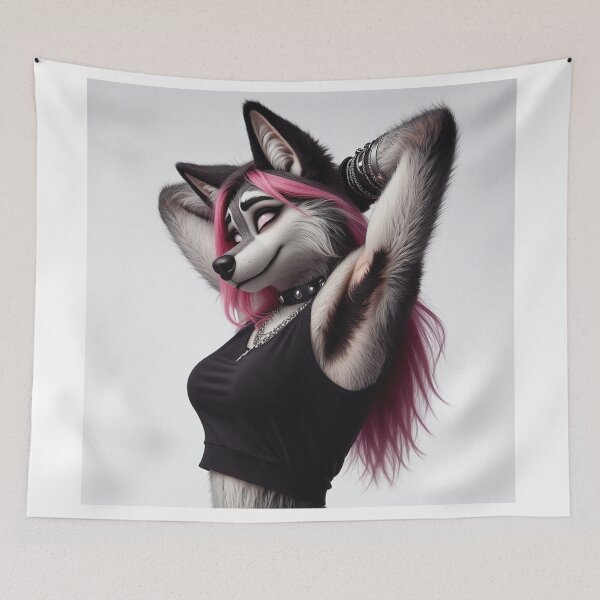 Item preview, Cute Anthropomorphic Wolf Girl render Grey Wolf posing with her hands behind her head designed and sold by Vintage Designs +.