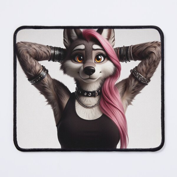 Item preview, Cute Anthropomorphic Wolf Girl render Grey Wolf posing with her hands behind her head designed and sold by Vintage Designs +.