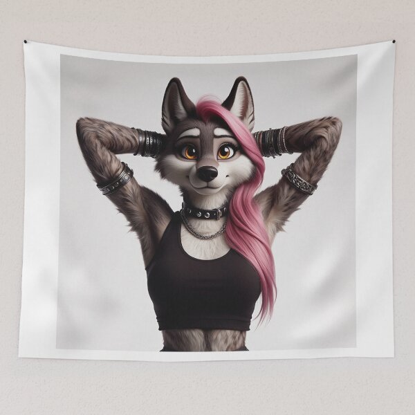 Item preview, Cute Anthropomorphic Wolf Girl render Grey Wolf posing with her hands behind her head designed and sold by Vintage Designs +.