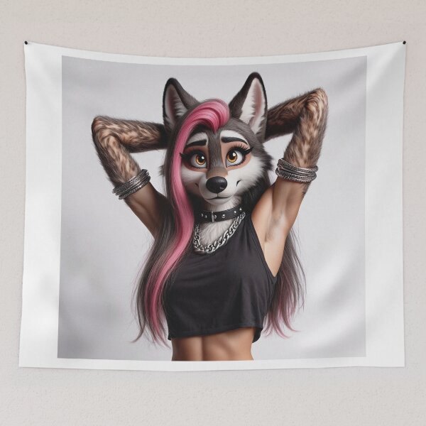 Item preview, Cute Anthropomorphic Wolf Girl render Grey Wolf posing with her hands behind her head designed and sold by Vintage Designs +.