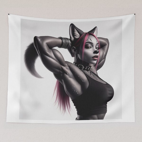 Item preview, Cute Anthropomorphic Fox Girl render black fox posing with her hands behind her head designed and sold by Vintage Designs +.