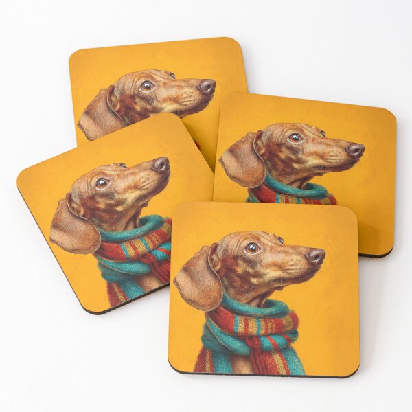 Item preview, Studio portrait of a dachshund dog draped in an ornate, colorful scarf. The background is warm and softly. Fine art style designed and sold by Julia Shepeleva.