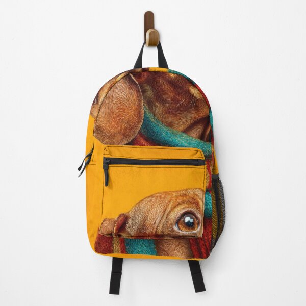 Item preview, Studio portrait of a dachshund dog draped in an ornate, colorful scarf. The background is warm and softly. Fine art style designed and sold by Julia Shepeleva.