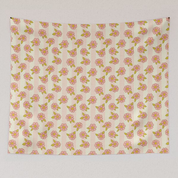 Aperçu de l'œuvre Fleurs de marguerites roses de style rétro sur rayures rose pastel créée et vendue par Jacqueline Hurd.