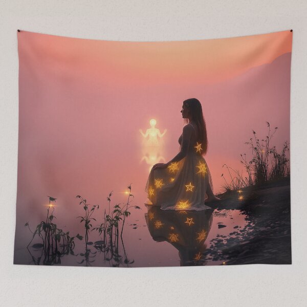 Item preview, The Oracle’s Mirror Lake – Mystical Sunset Fantasy Art designed and sold by WiccaJourney.