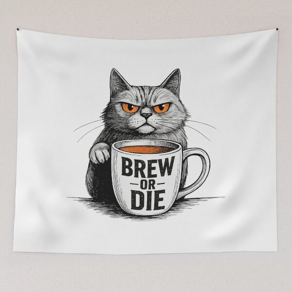Item preview, Grumpy Coffee Cat Mug with "Brew or Die" Attitude designed and sold by SanityOverboard.