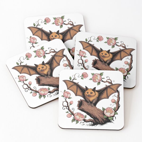 Item preview, Golden Flying Fox Bat with Pink Peony Blossoms designed and sold by BirdsnStuff.