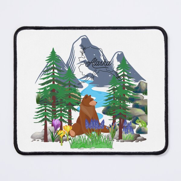 Item preview, Bear and grape hyacinths against the backdrop of mountains in Alaska designed and sold by DżodżoJoy.