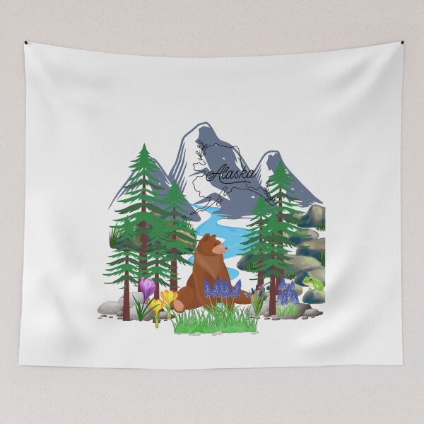 Item preview,  Bear and grape hyacinths against the backdrop of mountains in Alaska designed and sold by DżodżoJoy.