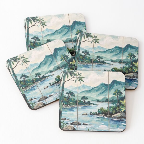 Item preview, Tranquil Bamboo River – Zen Mountain Landscape Painting designed and sold by TheDesignDen52.