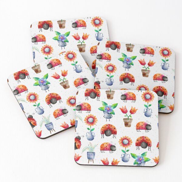 Item preview, Watercolor Lady Birds and Potted House Plants Pattern designed and sold by Farissa Designs.