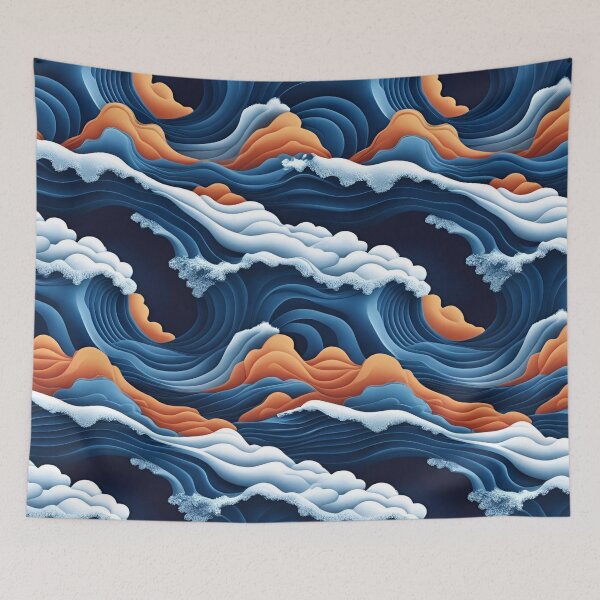 Item preview, Aesthetic Textured Blue and Orange Wave Design with Sea Foam Accents designed and sold by greenflashwear.