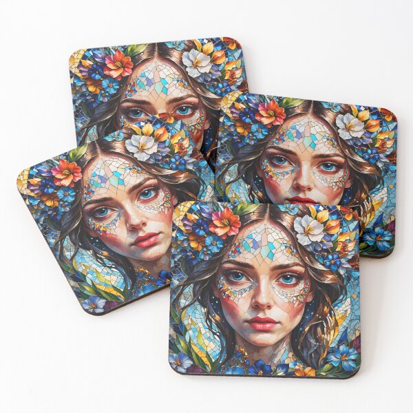 Item preview, Mosaic Bloom – Fantasy Portrait of Brown-Haired Girl with Crackled Skin designed and sold by EmeraldeaArt.