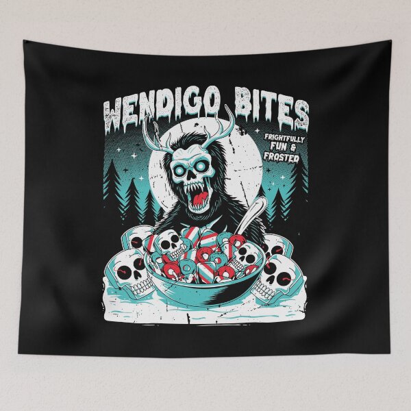 Item preview, Wendigo Bites Frosted Skull Cryptid Cereal Box Spoof Winter Horror Design designed and sold by Crush Retro®.