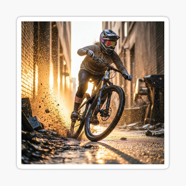 Item preview, Narrow Escape: Mountain Biker Blasts Through Muddy Rain-Drenched Alley. designed and sold by Hinson MTB Visuals.