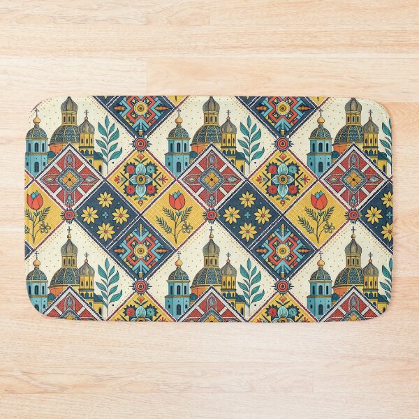 Item preview, Vibrant Folk Art Pattern: Churches, Flowers, and Geometric Motifs. designed and sold by RGShirtWorks.