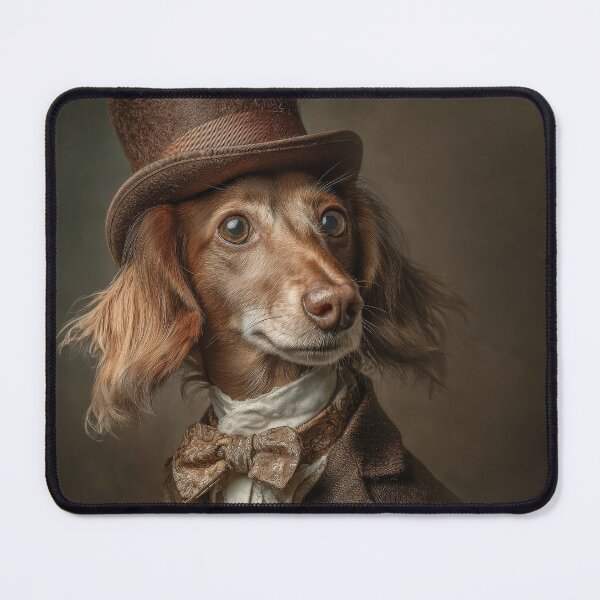 Item preview, A dachshund dog dressed in formal, vintage clothing resembling a classic portrait painting. The dog wears a suit jacket, waistcoat, and a cravat, set against a dark, painterly background designed and sold by Julia Shepeleva.
